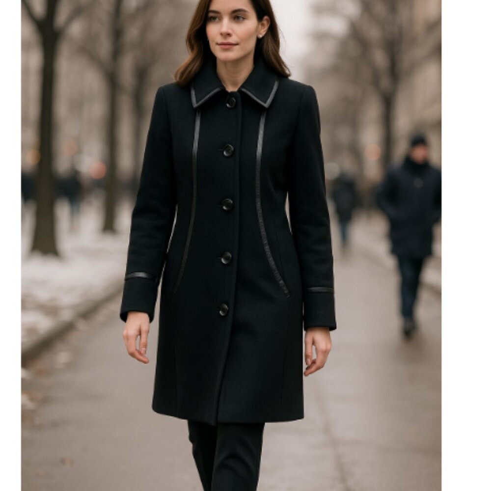 Kristen Blake Womens Wool Blend Black Piping Trench Coat Size 8